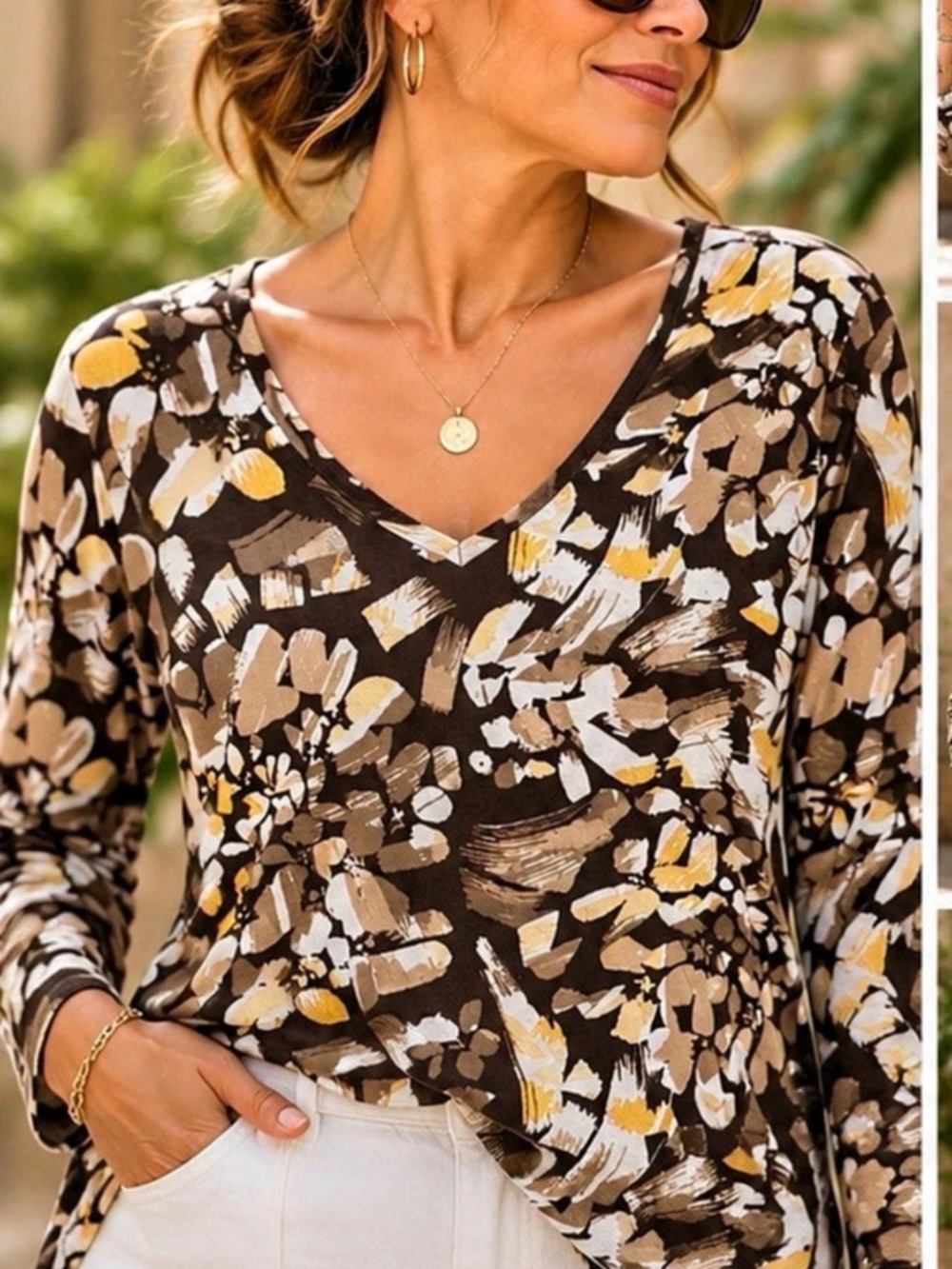 St. John’s Bay XL Brown Floral 100% Cotton V Neck Long Sleeve Top
